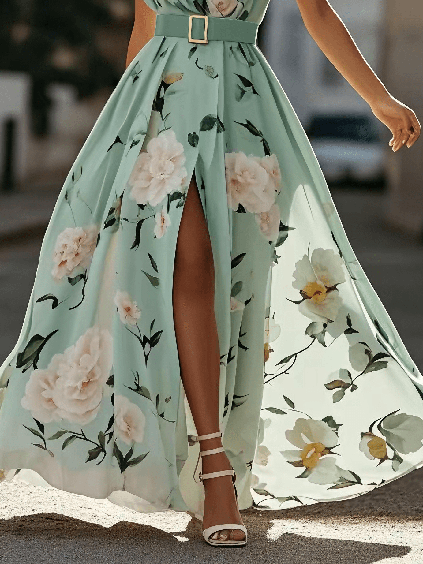 Julie | Grøn blomstret chiffon-maxikjole