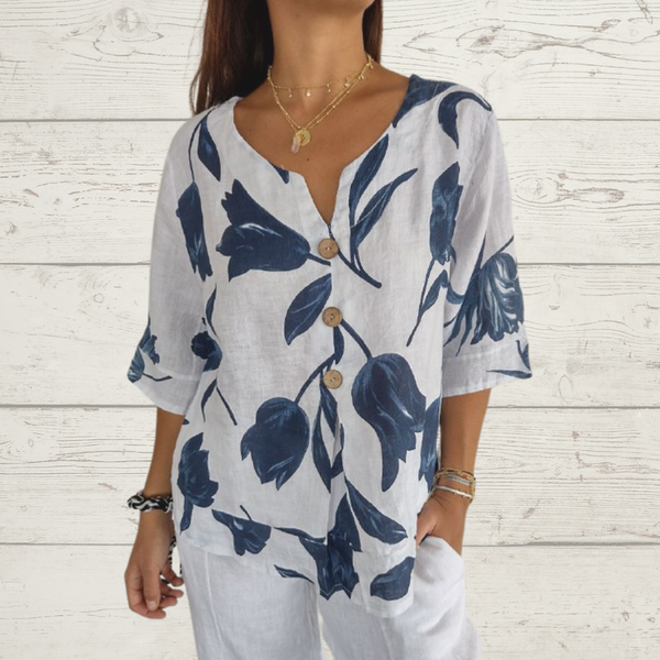 Despoina – Elegant Blomstret Top med Knapper