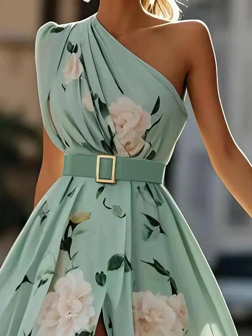 Julie | Grøn blomstret chiffon-maxikjole