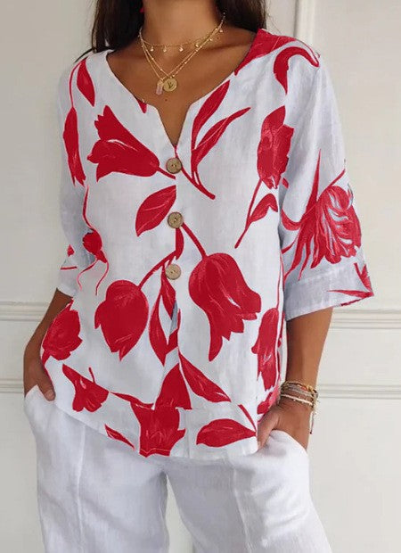 Despoina – Elegant Blomstret Top med Knapper