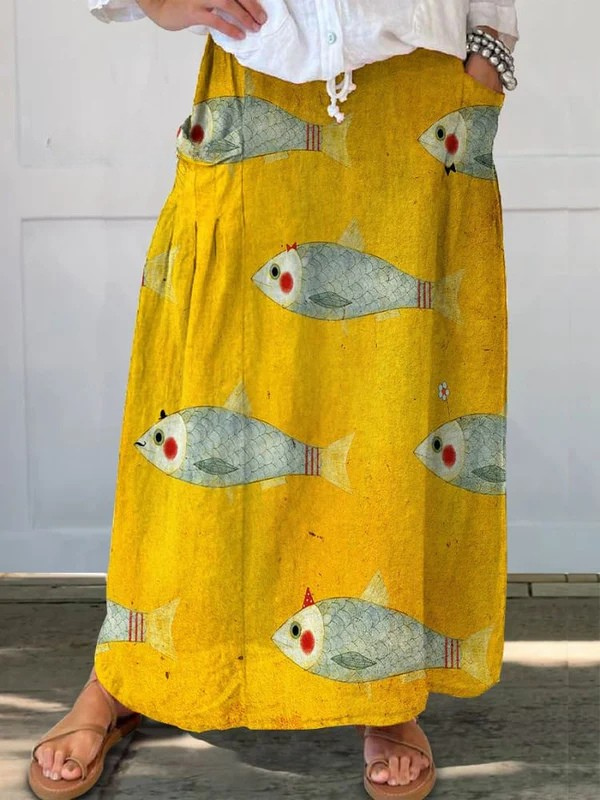Elli™ | Vintage-nederdel med fiskemotiv og lommer