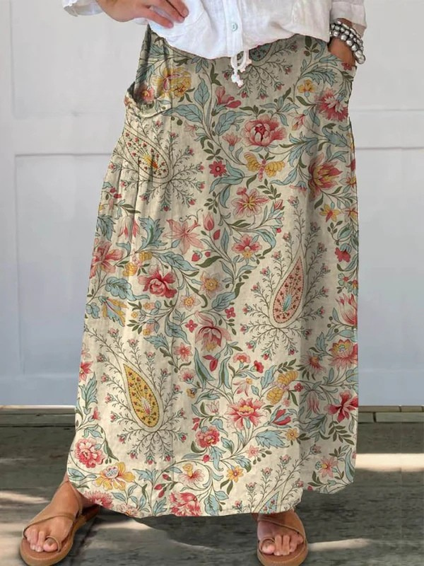 Nilva™ | Vintage-nederdel med blomstret kunstprint og lommer