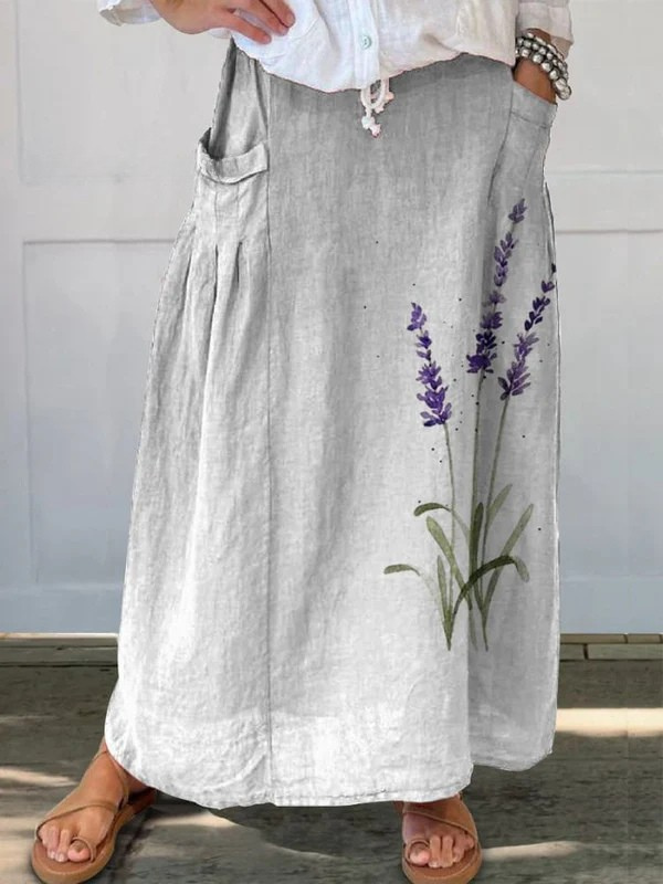 Marian™ | Akvarelnederdel med lavendelblomster og elastisk talje