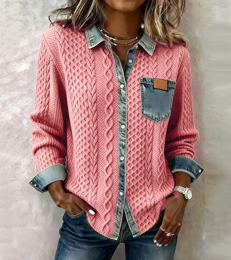 Ambra | Patchwork-Striktop med Denimdetaljer