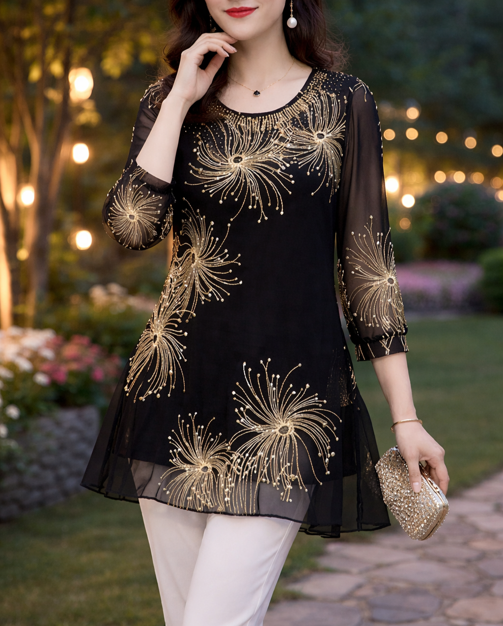 Zeraphine – Elegant Transparent Tunika med Fyrværkeri-Print