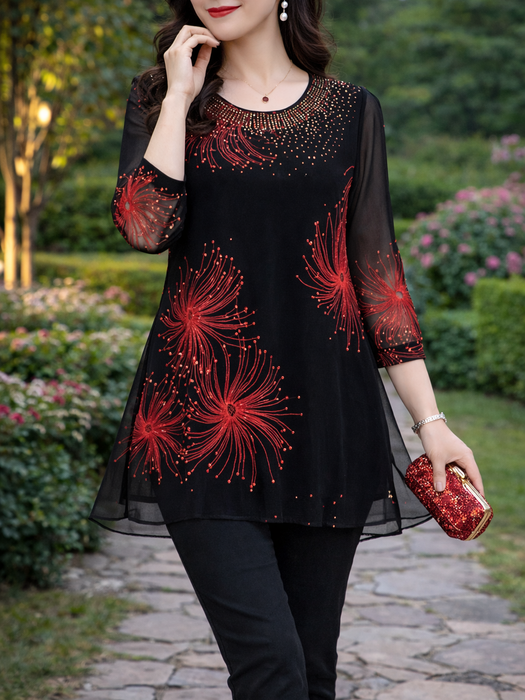 Zeraphine – Elegant Transparent Tunika med Fyrværkeri-Print