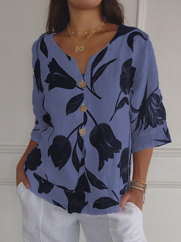 Despoina – Elegant Blomstret Top med Knapper