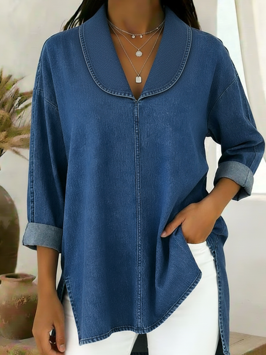 Gaetanaa - Retro top i denim-look med sjalskrave