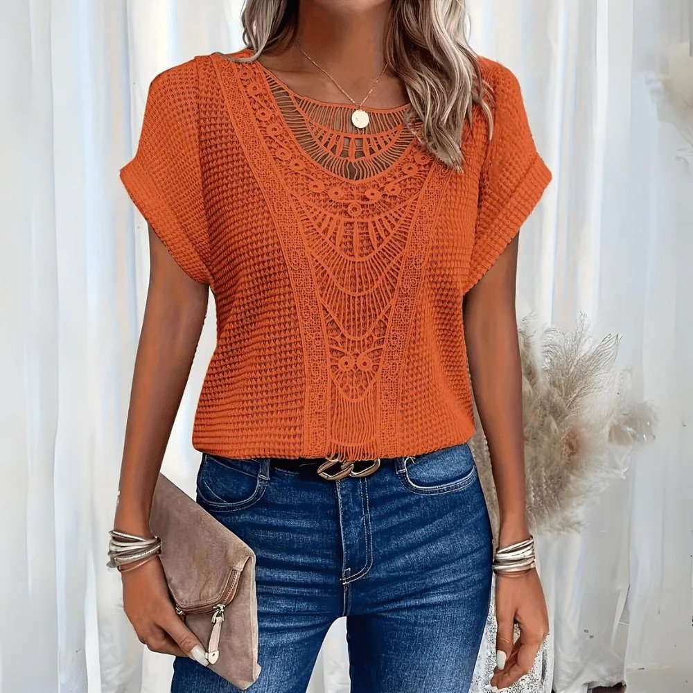 Rozero™ | Crochetdetaljert Rundhals Kortermet Topp