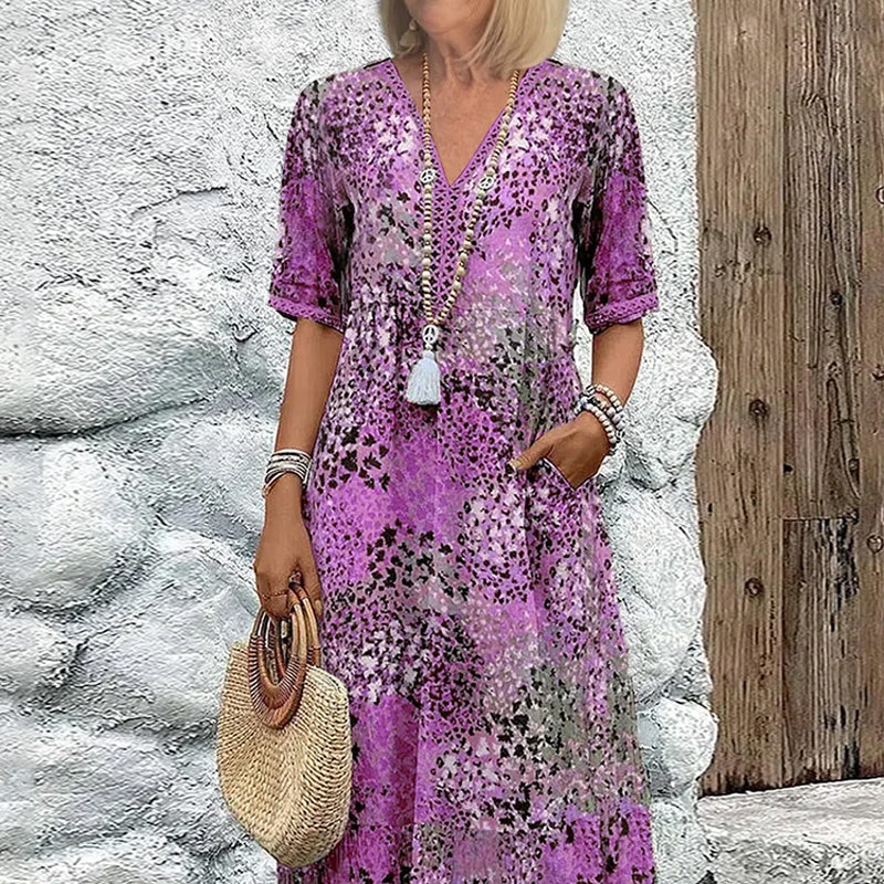 🌸 VIVID PRINT V-NECK MIDI DRESS — Waisted Silhouette | Lightweight & Floaty