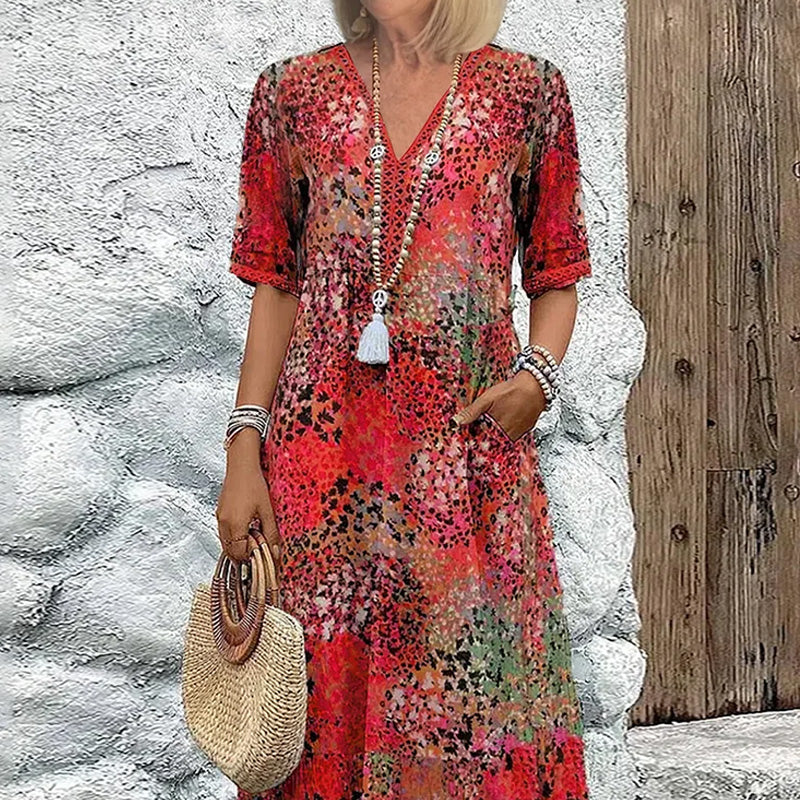 🌸 VIVID PRINT V-NECK MIDI DRESS — Waisted Silhouette | Lightweight & Floaty
