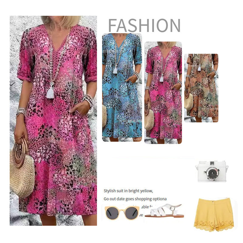 🌸 VIVID PRINT V-NECK MIDI DRESS — Waisted Silhouette | Lightweight & Floaty