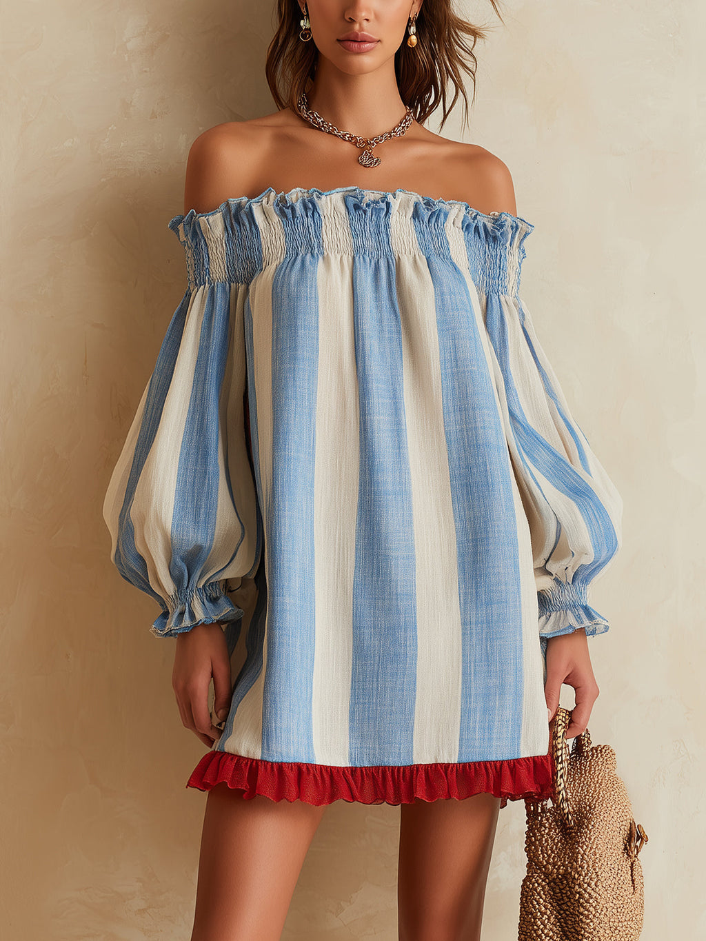 Ondine – Stribet off-shoulder-minikjole