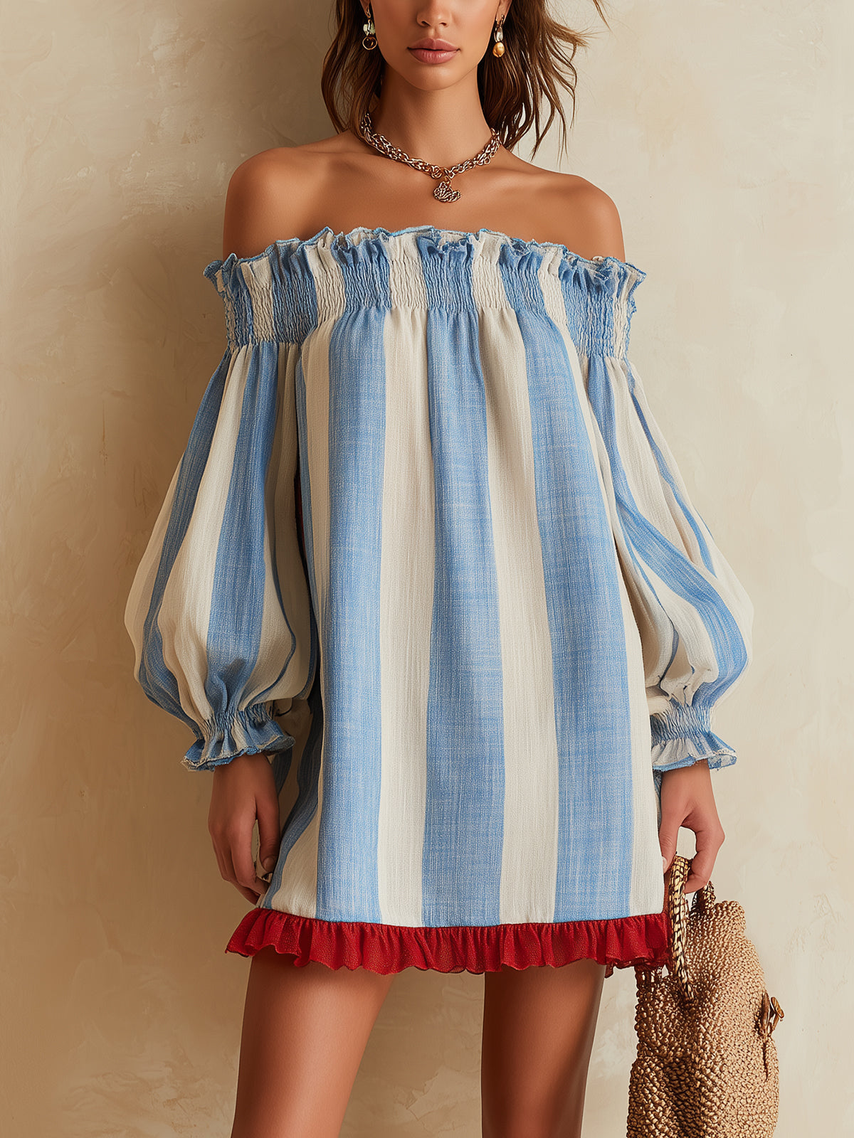 Ondine – Stribet off-shoulder-minikjole