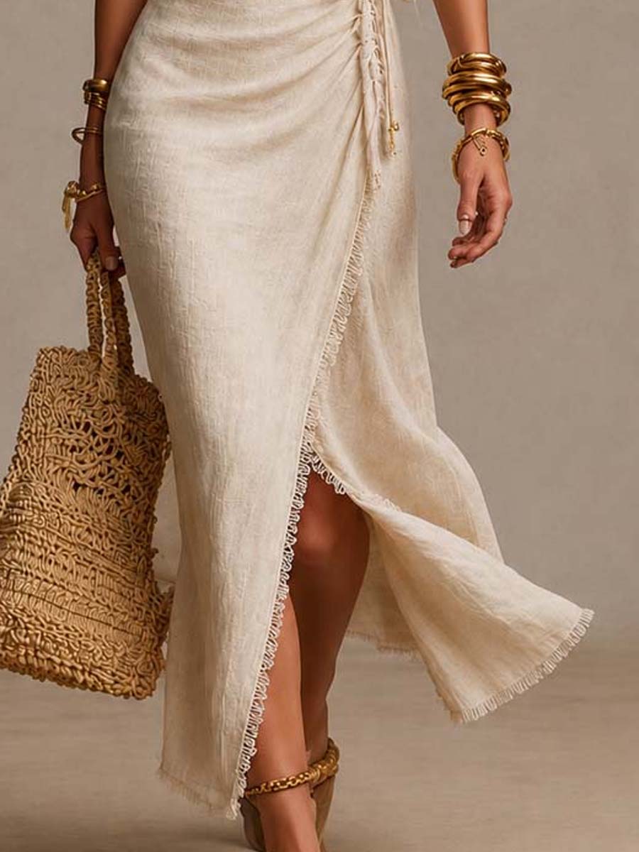 Helena – Beige slå-om-kjole med blonder