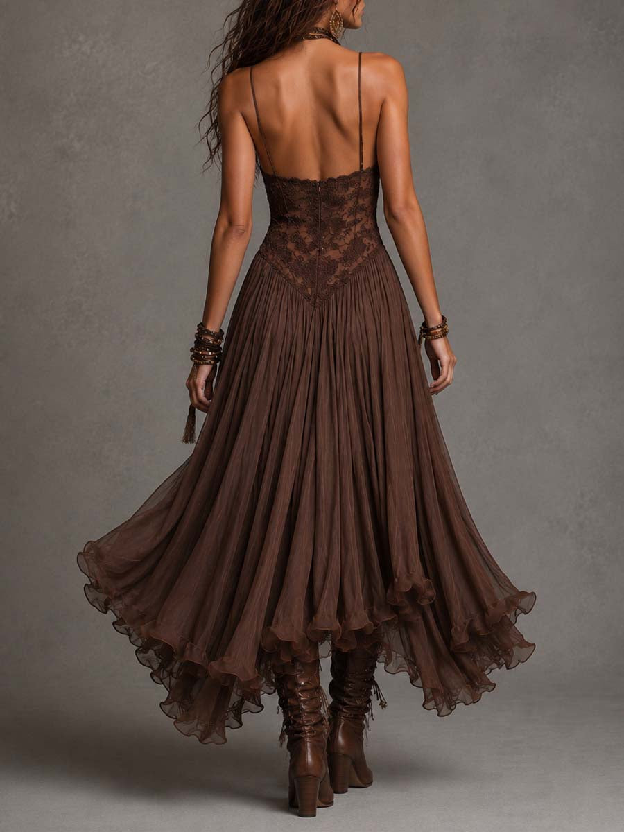 Amelie – Mørkebrun chiffon-maxikjole