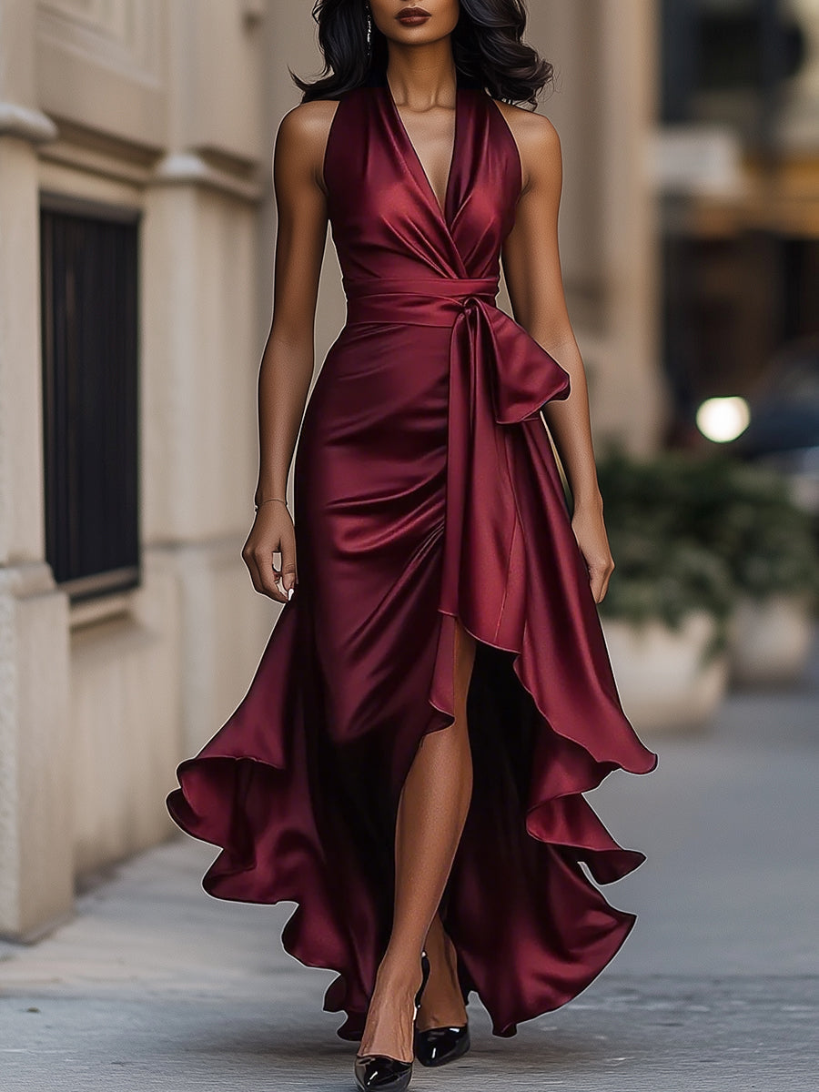 Midnight Elegance halterneck-kjole i satin med flæser