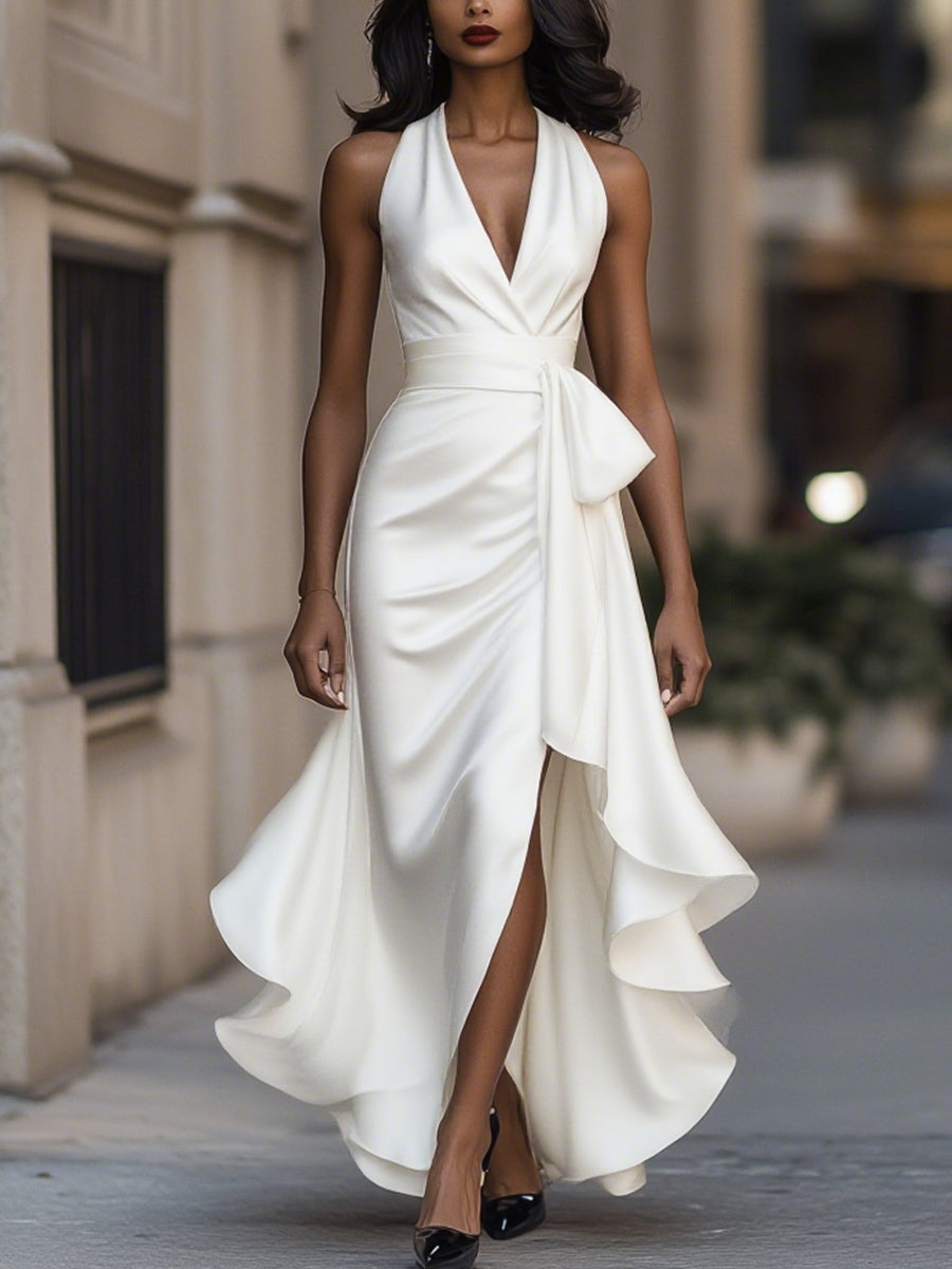 Midnight Elegance Satin Halter Ruffle Dress