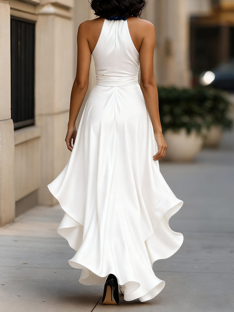 Midnight Elegance Satin Halter Ruffle Dress