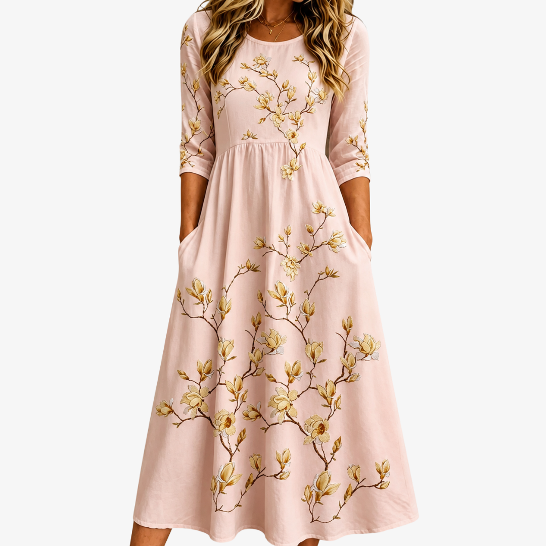 Midi-kjole med lommer – Golden Magnolia Bloom