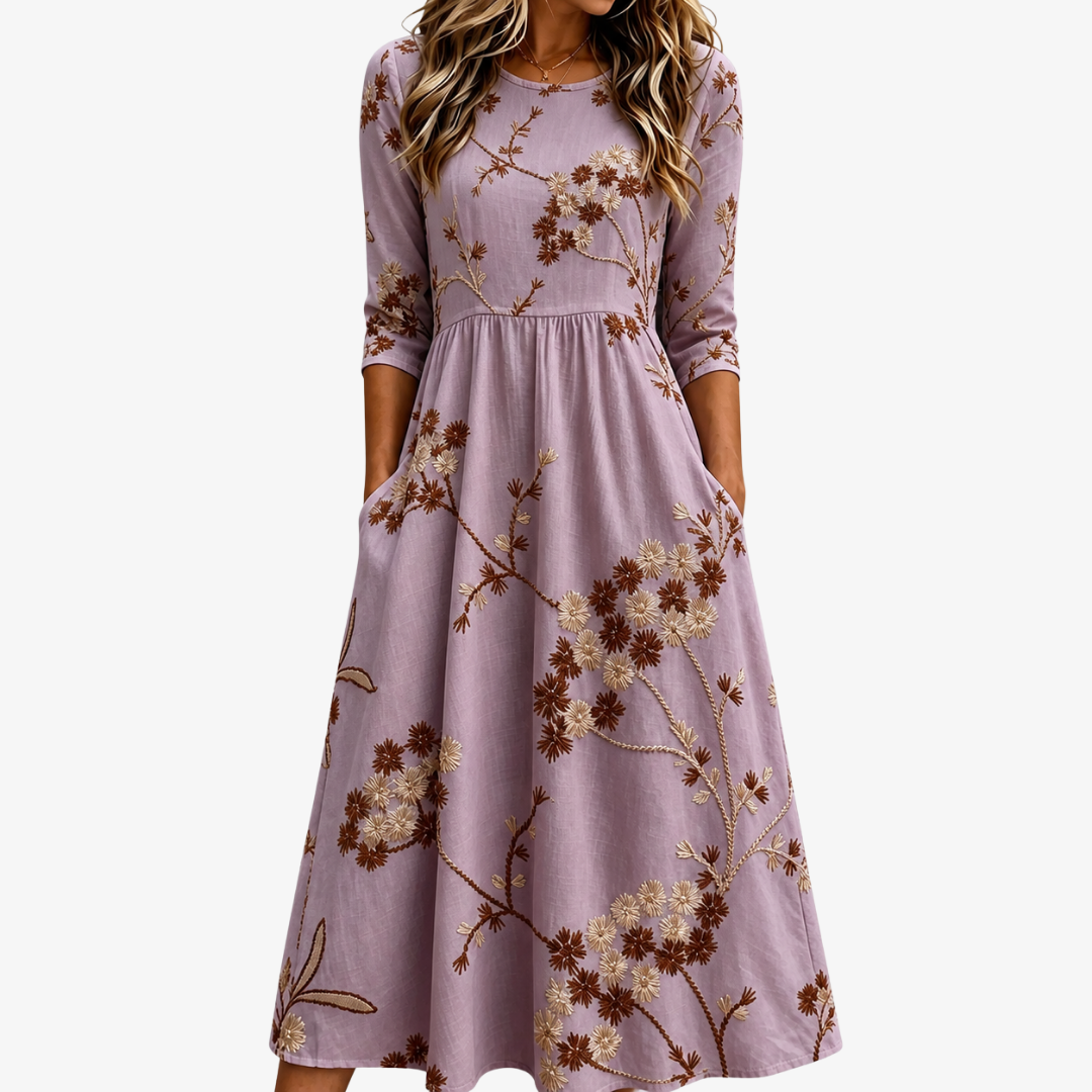 Blomstret midi-kjole med lommer – Heather Meadow