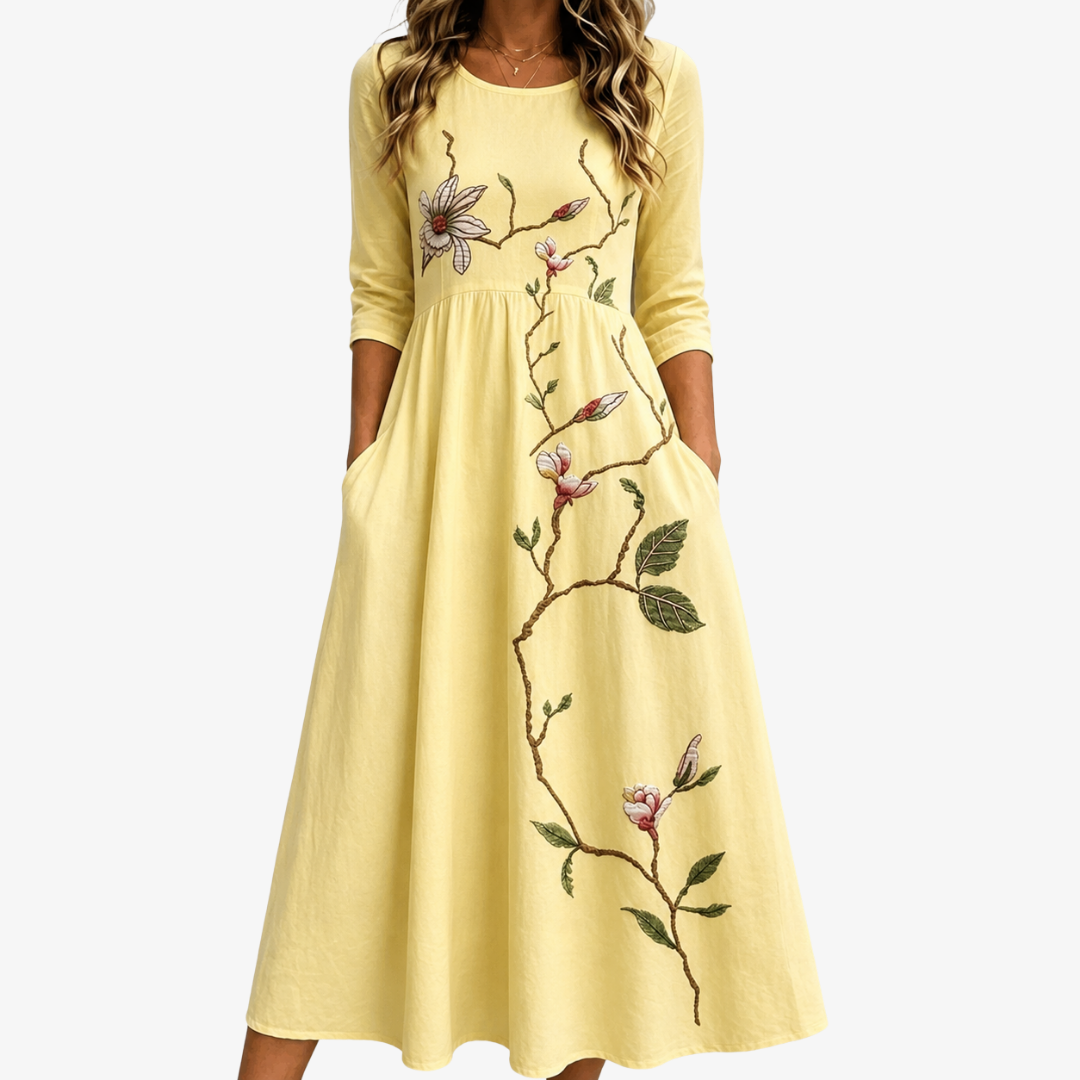 Midi-kjole med lommer – Golden Blossom
