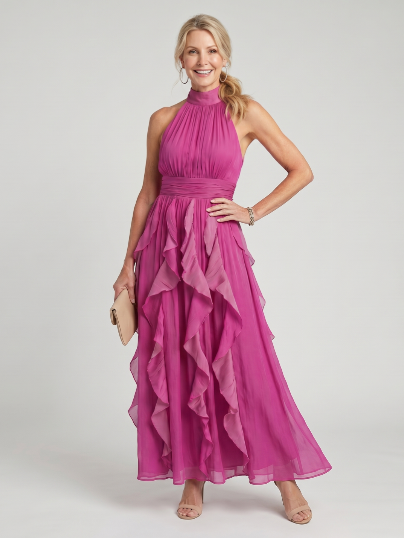 Orea | Maxikjole med høj halsudskæring, rynket og lagdelt med flæser