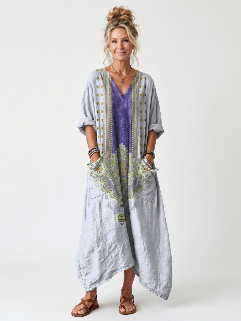 Raina | Midi-kjole med kontrastpaneler og broderet, oversized lomme