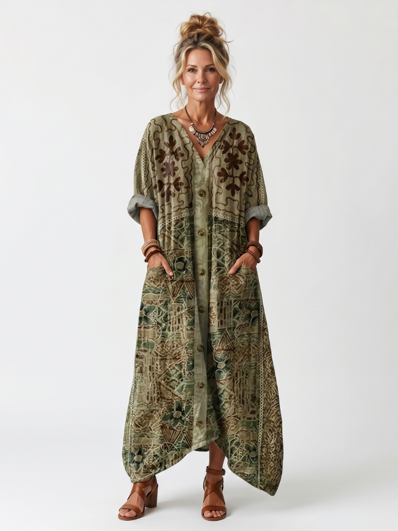 Aleta | Midi-kjole med knapper foran, broderi og store lommer