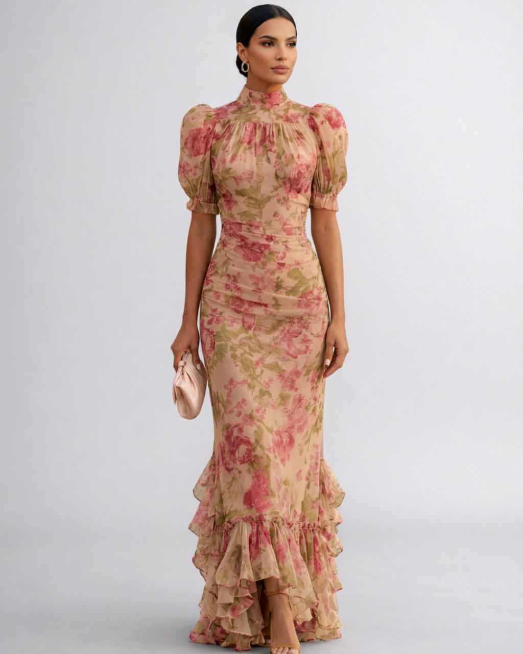 Rosario | Lang kjole i chiffon med blomstermønster