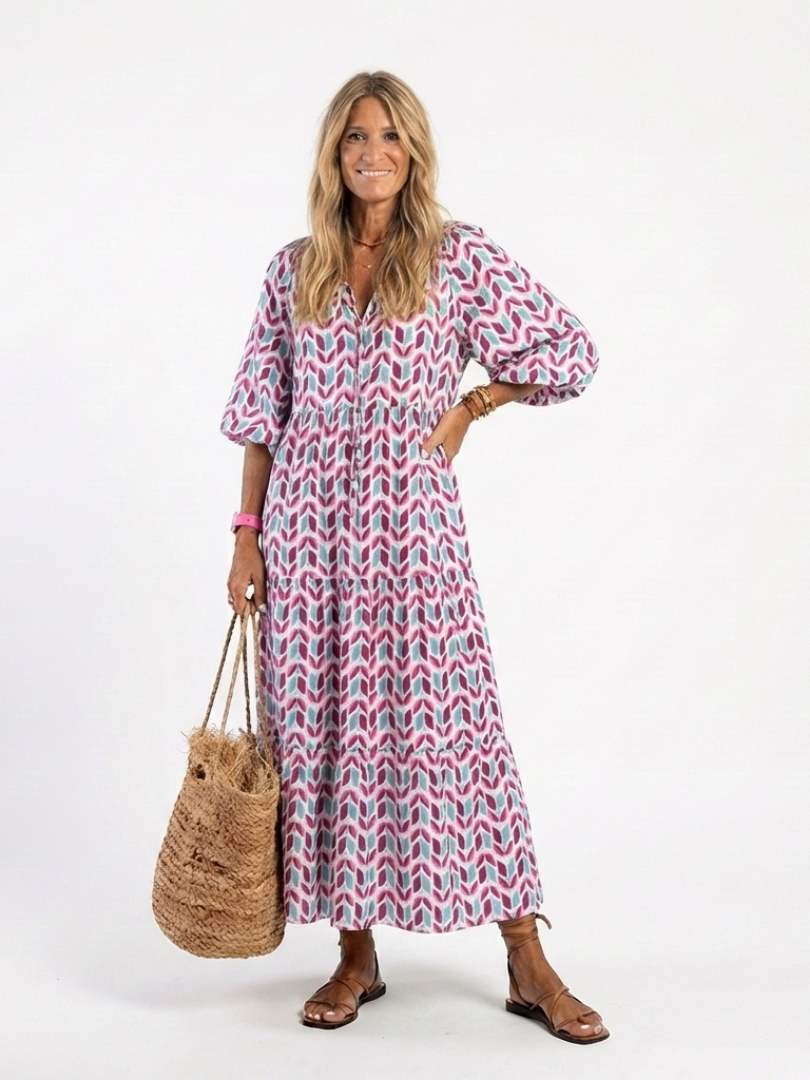 Mireya | Midi-kjole med lange ærmer, lag-på-lag-design og geometrisk mønster