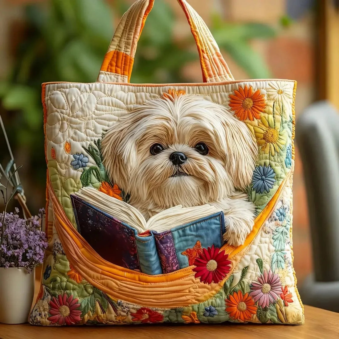 Håndlavet Shih Tzu-taske med bog og blomster