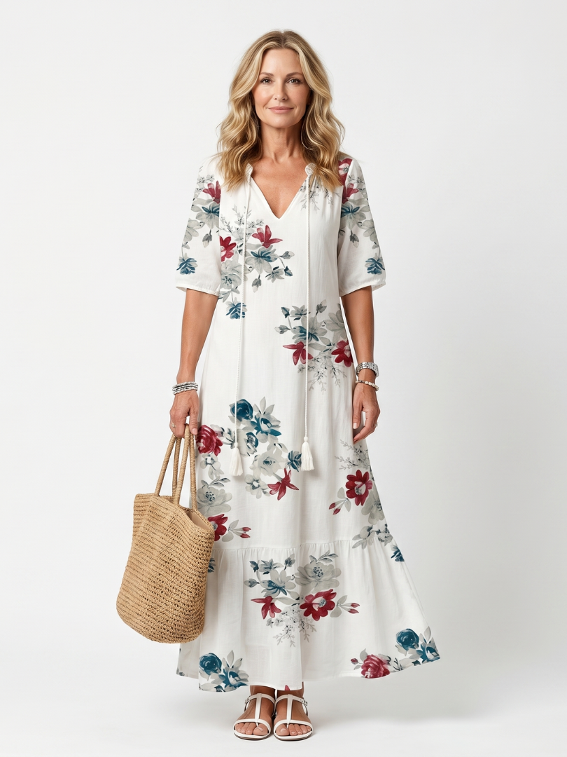Maeva | Midi-kjole med spredt blomstermønster og kvaster