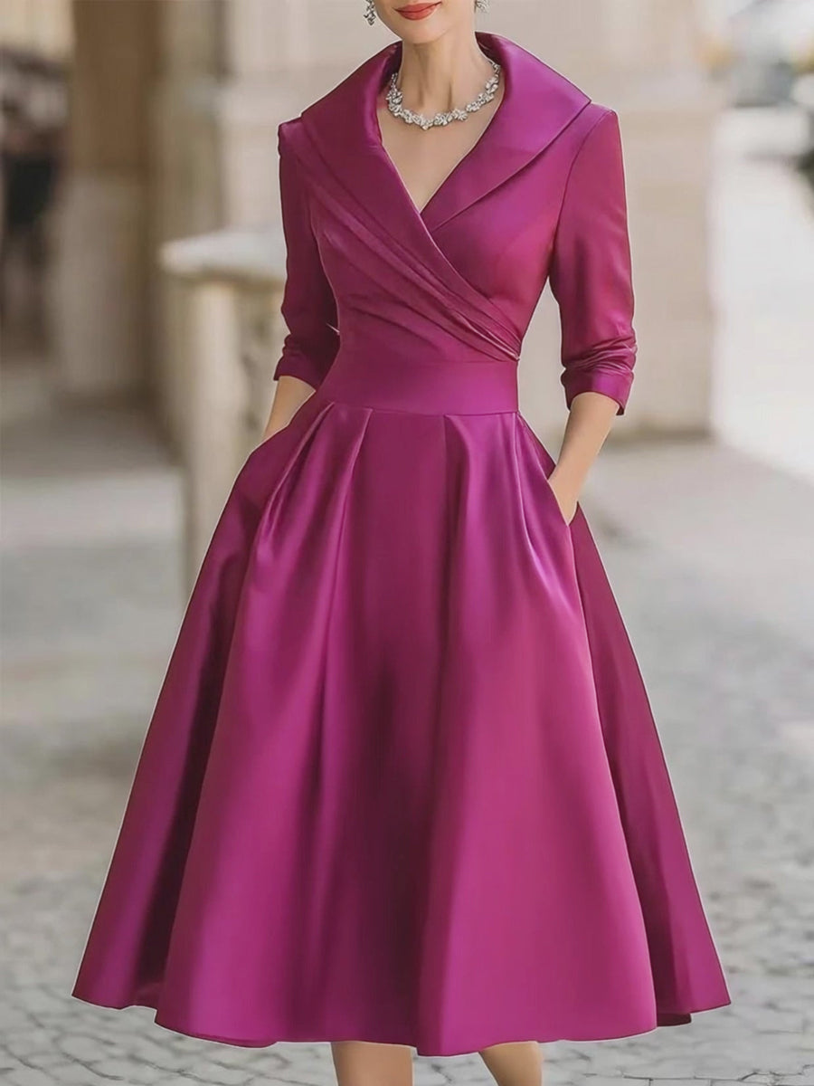 Vintage-inspireret midikjole i satin med draperet krave