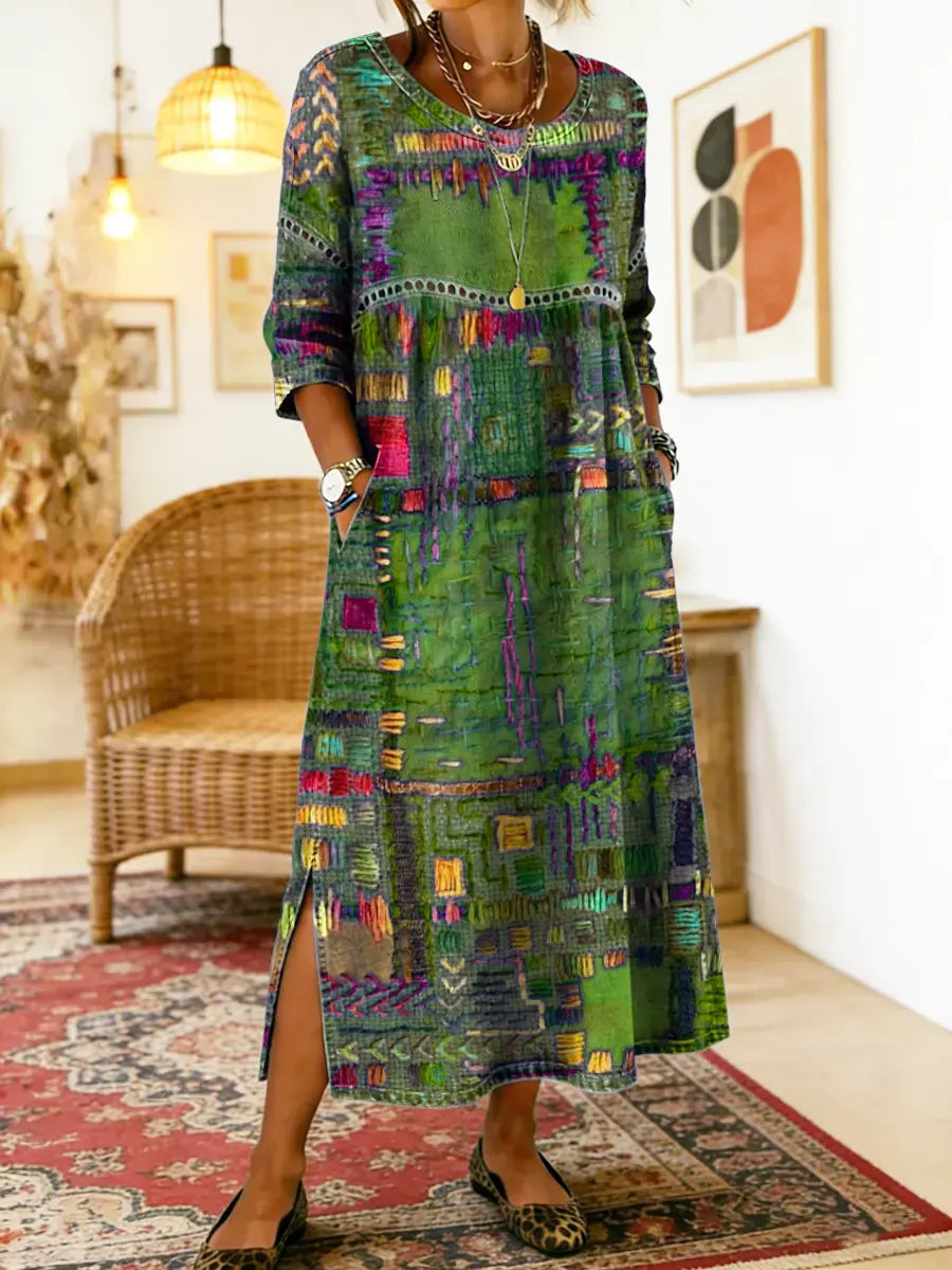 Manuela-kjole med etnisk patchwork-mønster