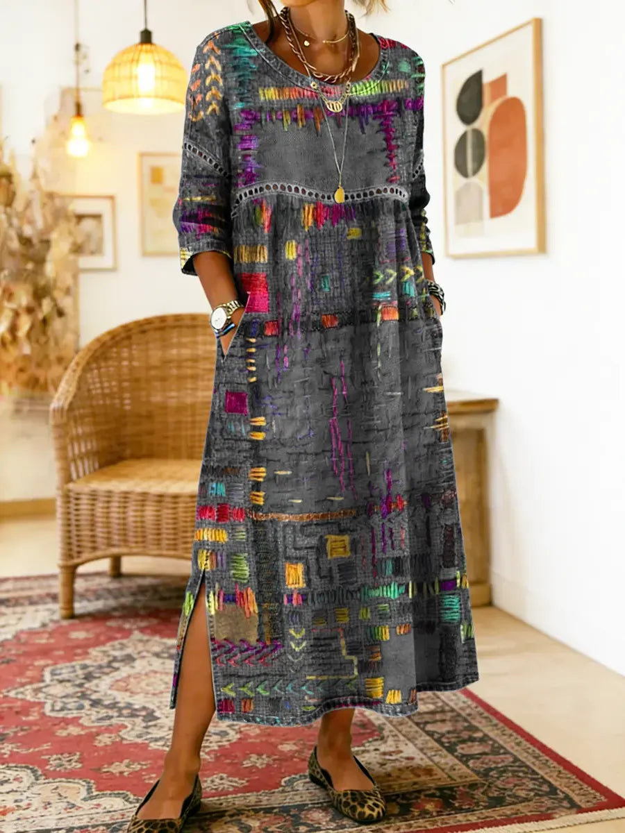 Manuela-kjole med etnisk patchwork-mønster