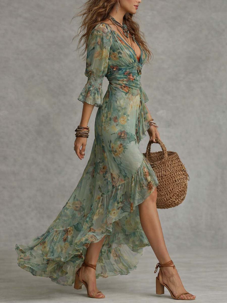 Aurora - lang boho-blomstret kjole med romantisk, asymmetrisk fald