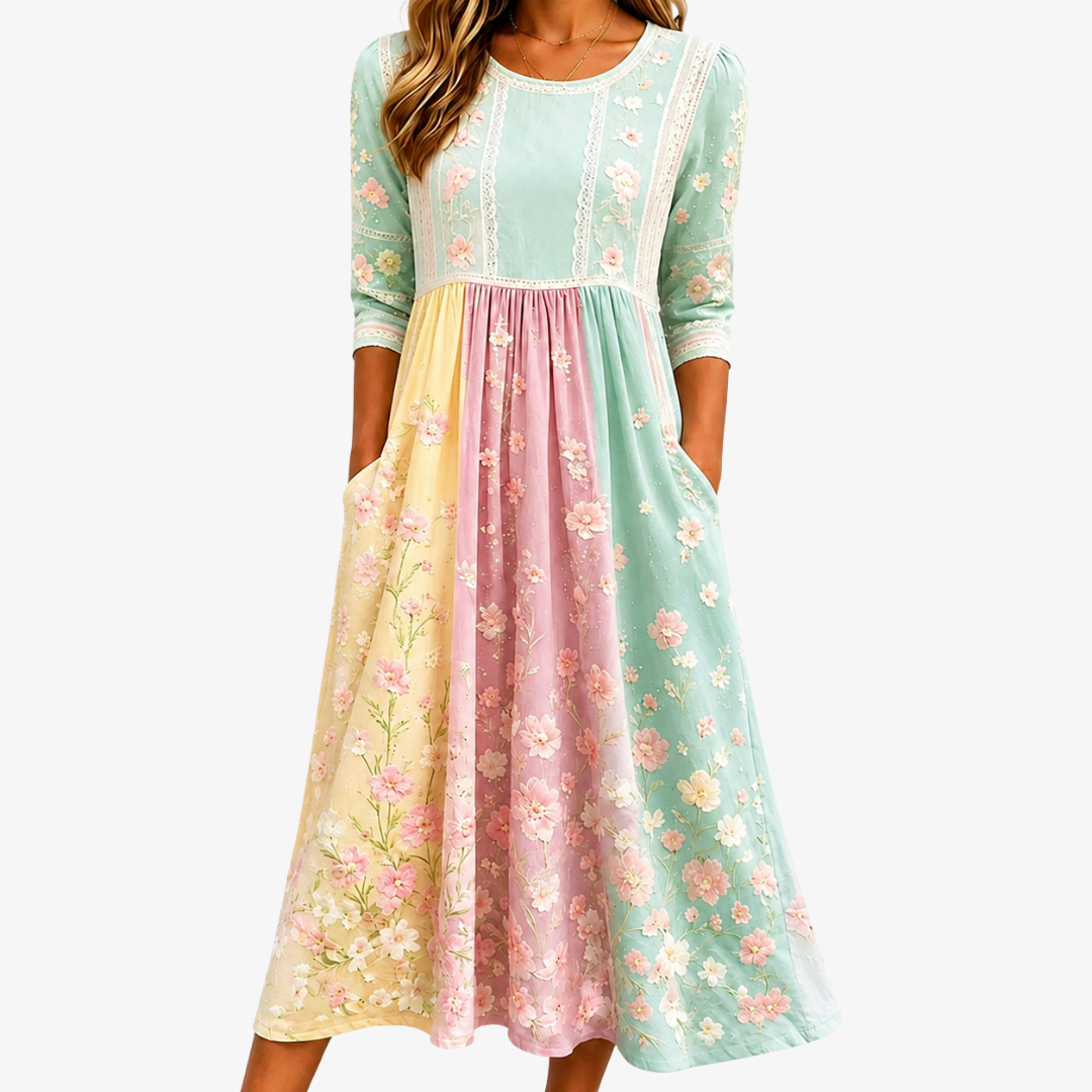 Midi-kjole i patchwork med lommer – Spring Blossom