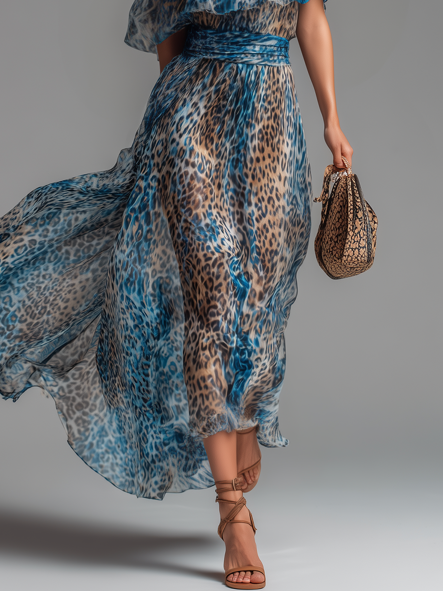 Selvaggia - Lang chiffonkjole med leopardprint og åbne skuldre