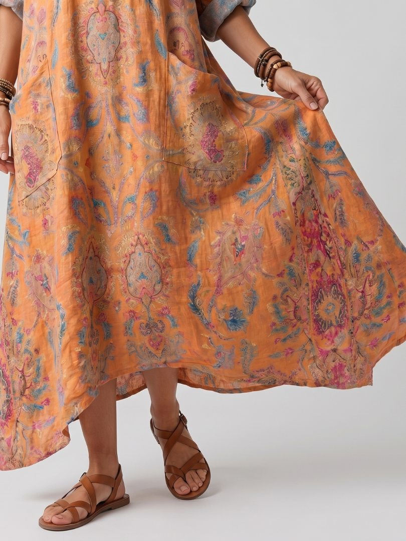 Remi | Oversized midi-kjole med udskåret hals, print og lommer