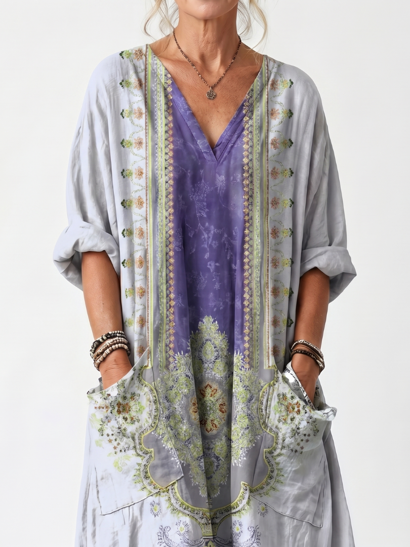 Raina | Midi-kjole med kontrastpaneler og broderet, oversized lomme