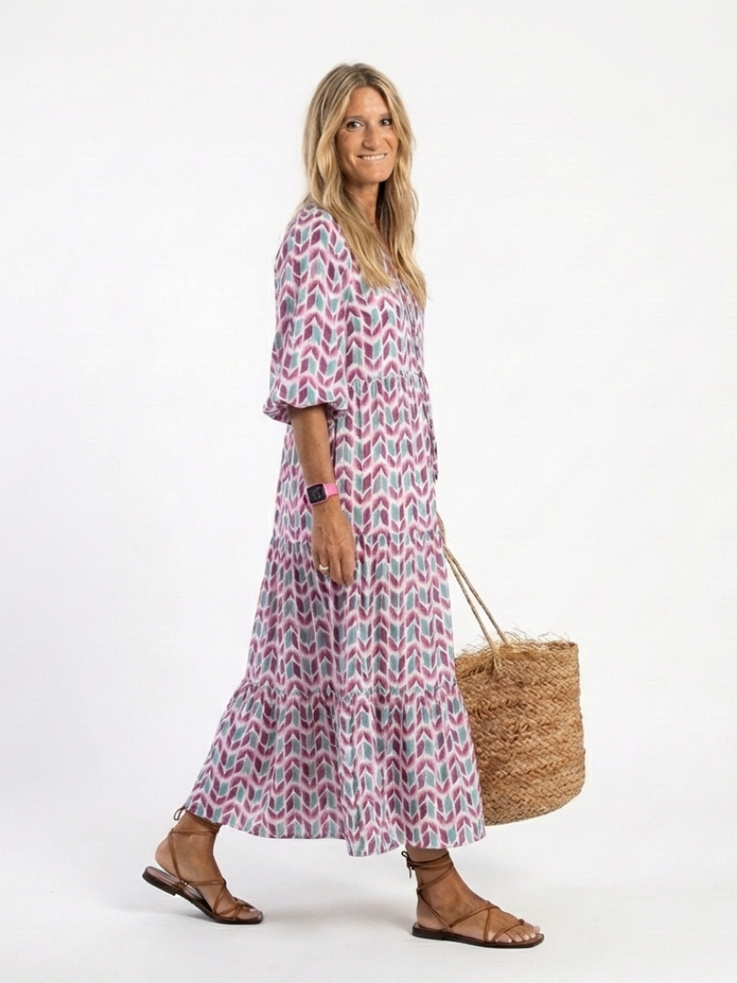 Mireya | Midi-kjole med lange ærmer, lag-på-lag-design og geometrisk mønster