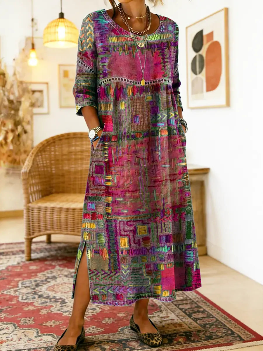 Manuela-kjole med etnisk patchwork-mønster