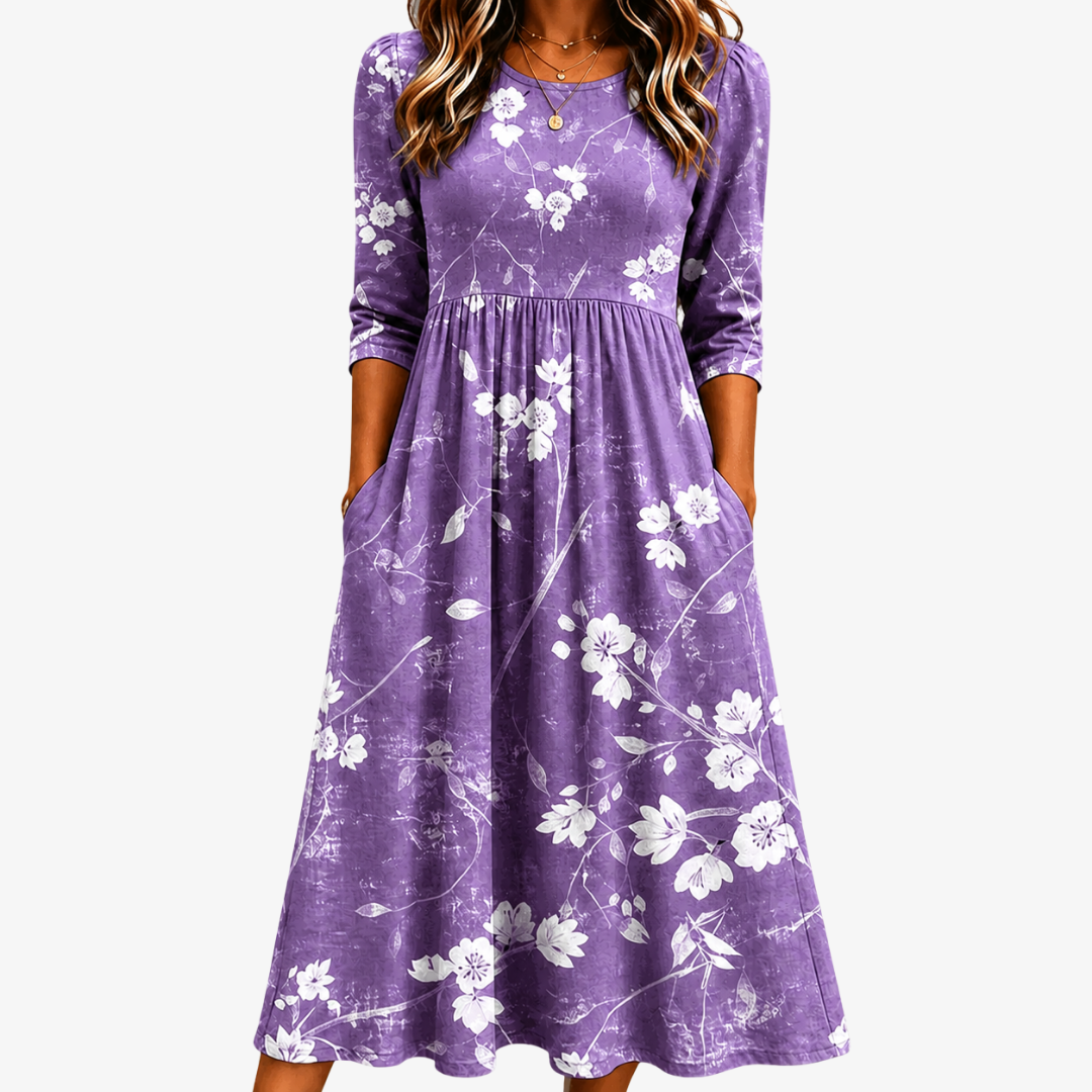 Komfortabel midi-kjole med lommer – Lavender Bloom
