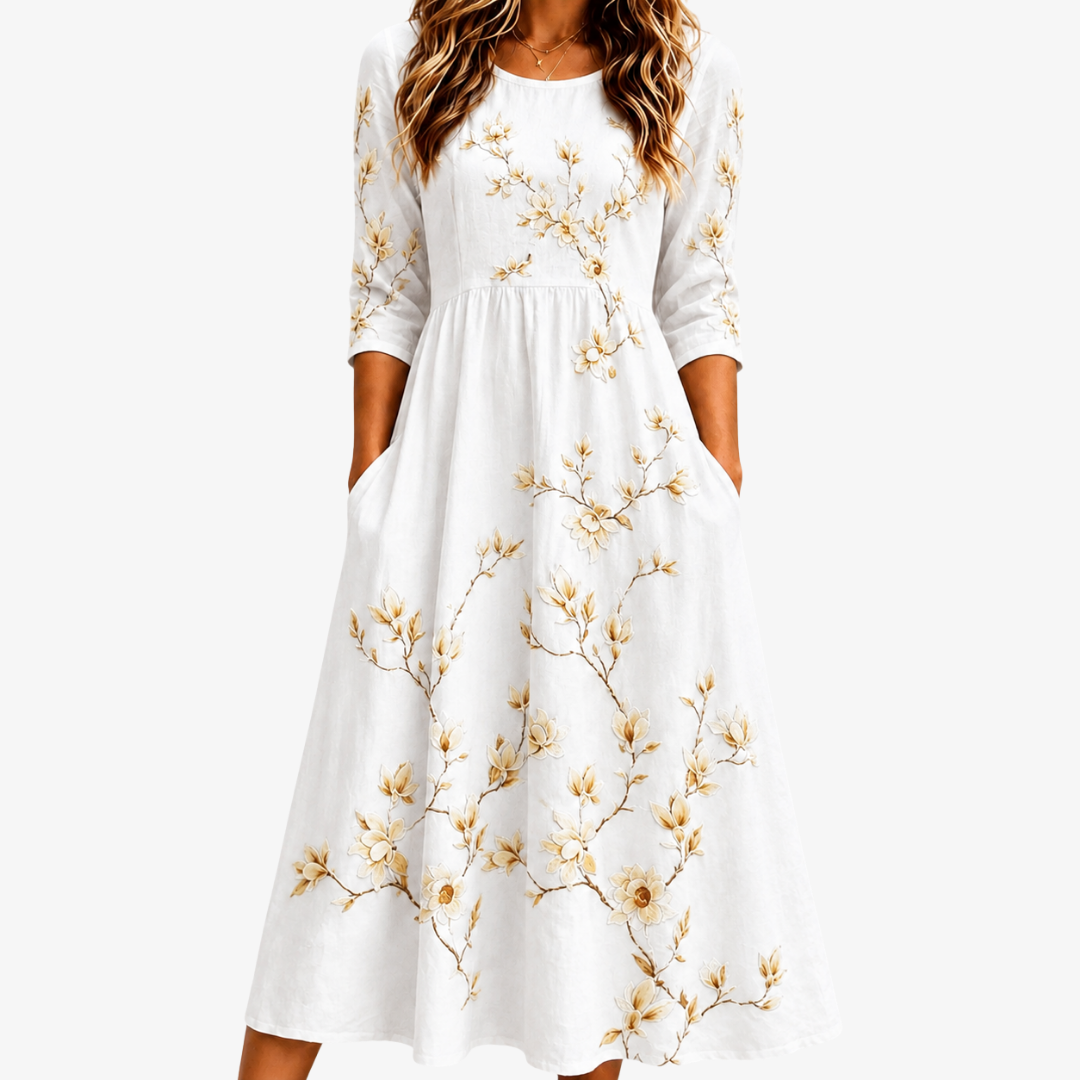 Midi-kjole med lommer – Ivory Blossom Grace