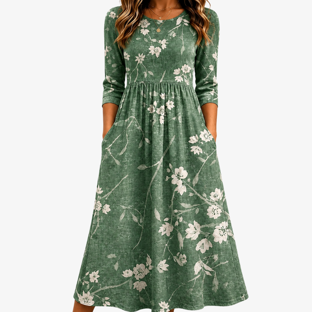 Afslappet midi-kjole med lommer – Evergreen Bloom