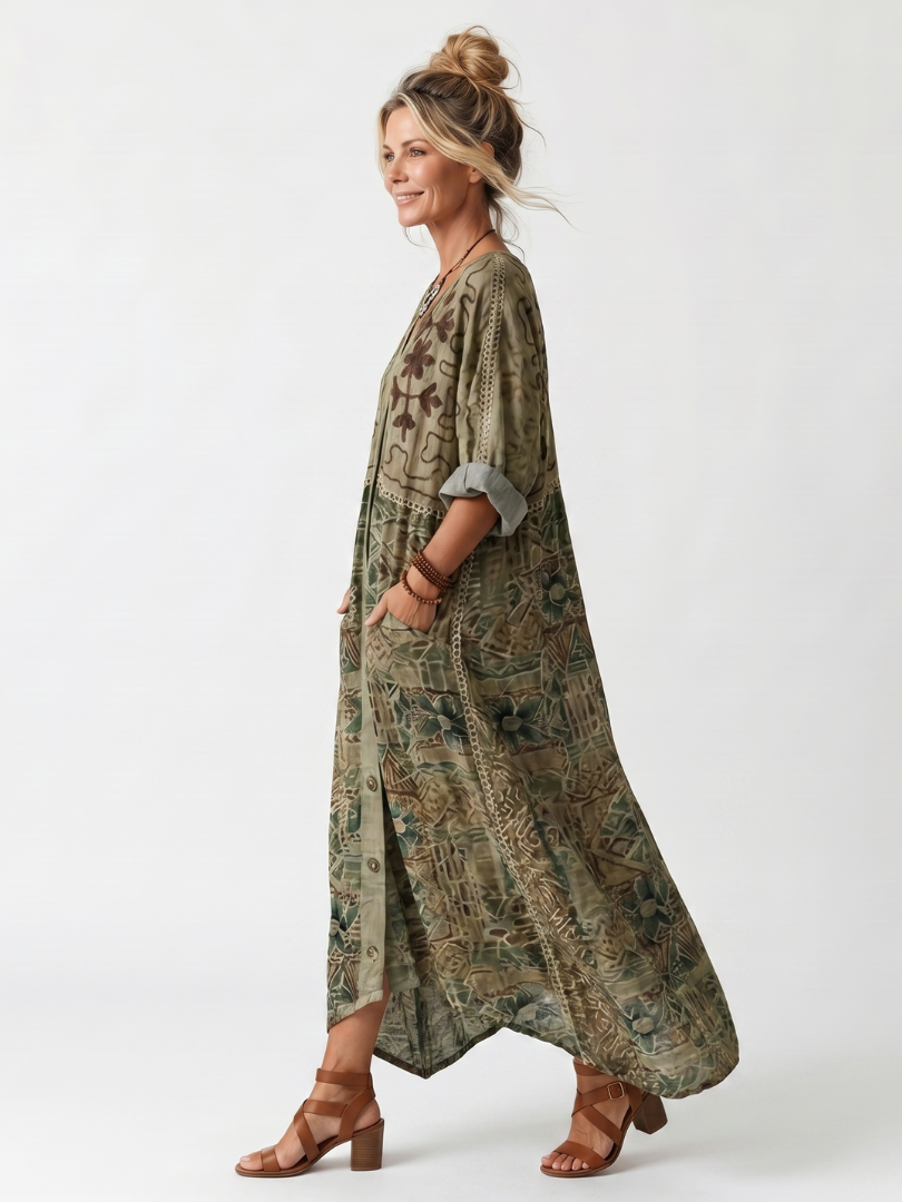 Aleta | Midi-kjole med knapper foran, broderi og store lommer