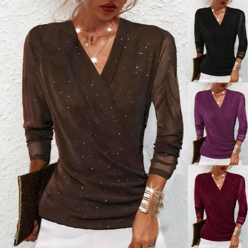Liliana – Glamourøs Mesh-Bluse med Glitrende Detaljer