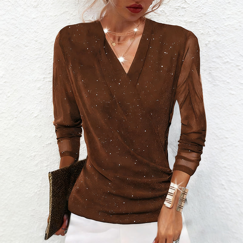 Liliana – Glamourøs Mesh-Bluse med Glitrende Detaljer