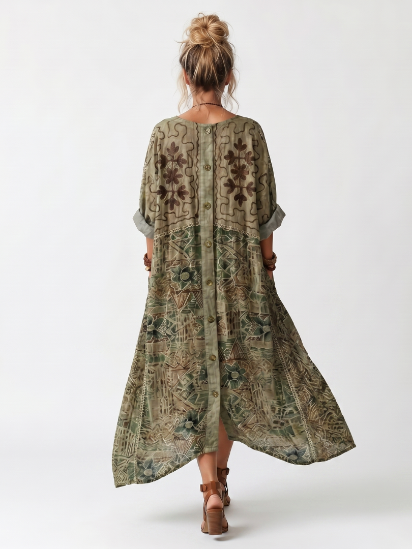 Aleta | Midi-kjole med knapper foran, broderi og store lommer